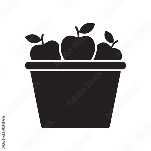 Black silhouette of a basket filled with apples on white background  simple still life composition