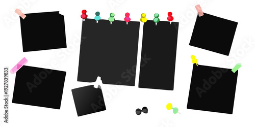 Colorful pushpins scattered across a dark black background surface