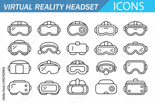 Virtual Reality Headset Icons Set – VR Glasses Line Outline Collection, Augmented Reality Goggles, Metaverse Technology Symbols, Gaming Device Vector Illustration Pack