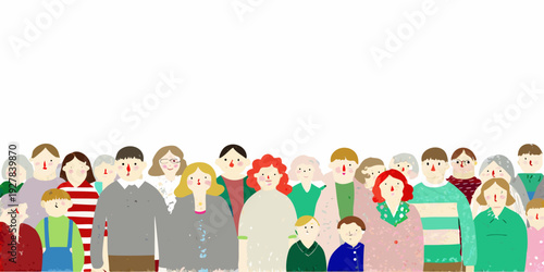 A diverse group of illustrated people standing closely together