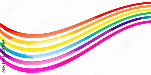 Colorful flowing ribbons create an abstract wave against a white background