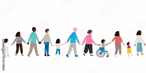 Diverse group of people holding hands in a connected line illustration