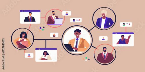 Diverse group of people connecting through a virtual meeting network