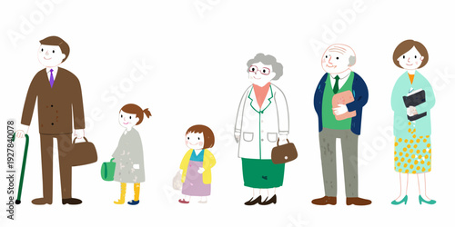 A colorful illustration depicts a multi generational family standing together