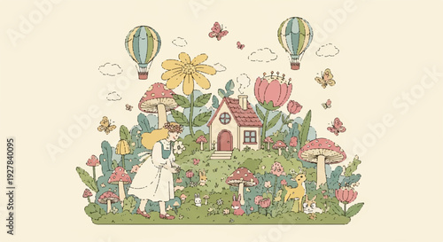 Whimsical fairy tale house with hot air balloons flowers and mushrooms on a green hill