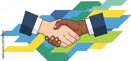 Diverse hands shake in partnership over abstract colorful background.