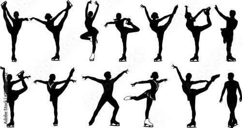 Vector collection of black figure skating silhouettes featuring male and female athletes performing various dynamic poses on a white background.
