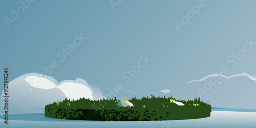 A small verdant island floats peacefully beneath fluffy white clouds