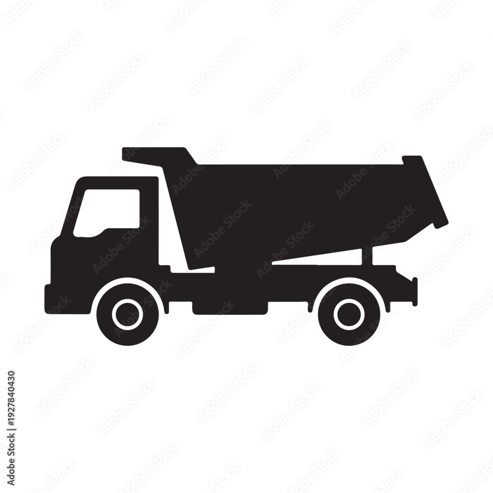 Fototapeta premium Black silhouette of a dump truck with a large container on the back and wheels on the sides isolated on white background