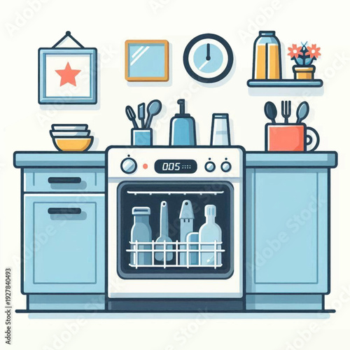 A kitchen scene featuring a dishwasher cabinets wall decorations and various utensils