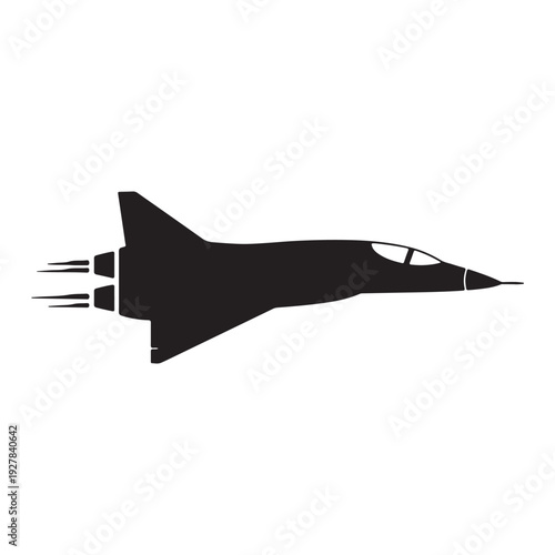 Black silhouette of a fighter jet airplane flying fast with afterburner flames  military aircraft icon