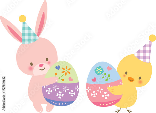 イースターエッグを持ったうさぎとひよこ