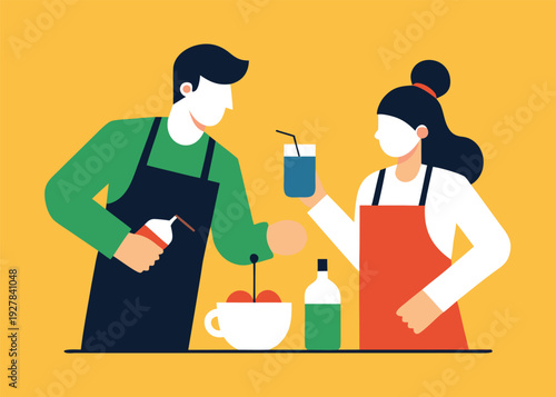 A male bartender and a female bartender in aprons prepare drinks with fruits on a counter.