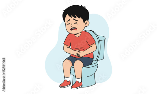 Child suffering from stomach pain sitting on toilet
