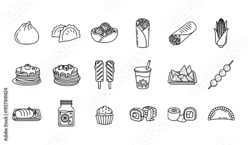 Modern Street Food Line Icons Collection Editable Stroke 64x64 Vector Outline Set