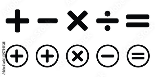 Plus, minus, multiply, divide, and equal sign icon design set, featuring addition, subtraction, multiplication, division, and equality mathematical symbols in vector format.
