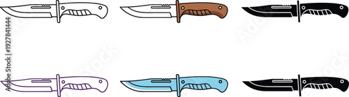 Hunting Knife Icon Set Featuring Fixed Blade Tactical Knives in Multiple Styles and Colors for Outdoor, Survival, Camping, and Equipment Design