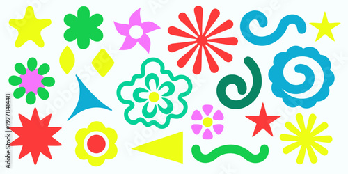 A colorful assortment of abstract floral and star shaped designs