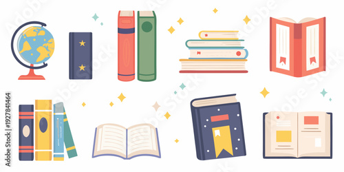 Colorful illustration of books globe and learning elements together