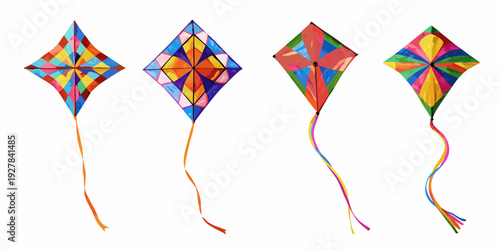 Four colorful diamond kites displayed against a plain white background