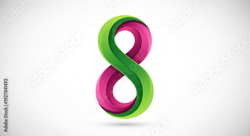 Colorful 3d number eight on white background with pink and green
