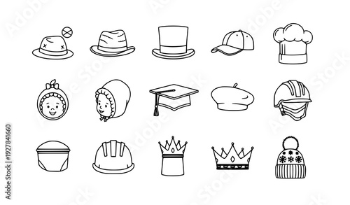 Hat Outline Vector Icons Pack Editable Stroke Headwear Linear Symbol Set