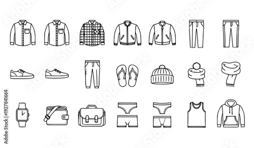 Men Casual Clothing Outline Icons Collection Editable Stroke Apparel Vector Set