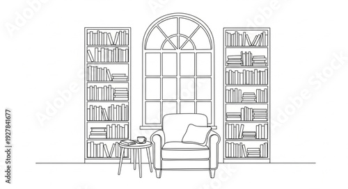 Line Drawing of Library Interior.