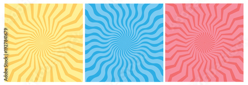 Vibrant Radial Hypnotic Swirl Panels | Psychedelic Sunburst Optical Illusion in Yellow, Blue, Pink | Energetic Op Art Abstract Background 