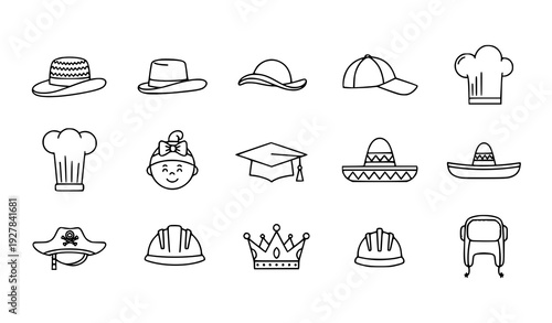 Headdress Linear Icon Collection with Summer Hat Graduation Cap and Chef Toque Vector Set