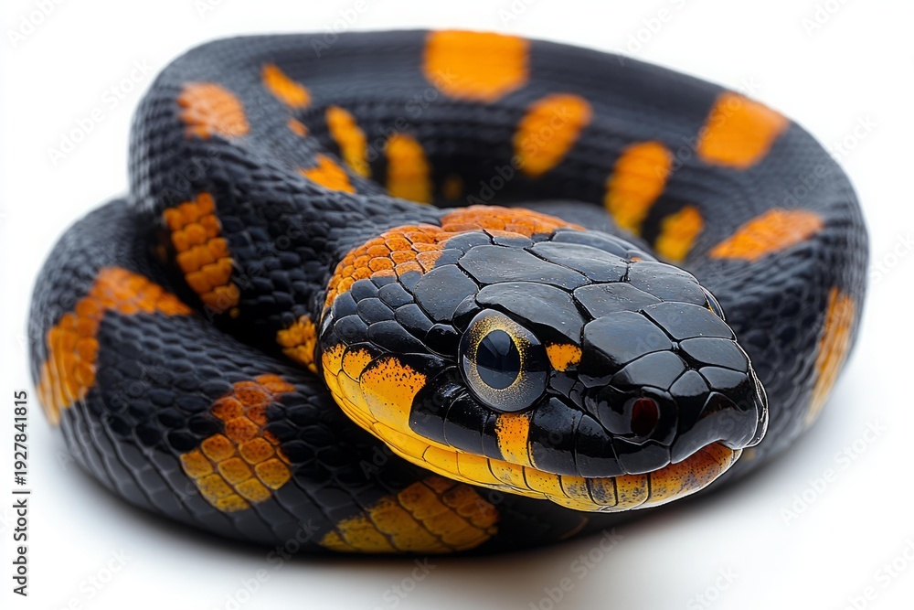 Fototapeta premium Exotic black orange Sea snake curled close up reptile scales shiny dangerous wild tropical animal nature detailed macro photography isolated background