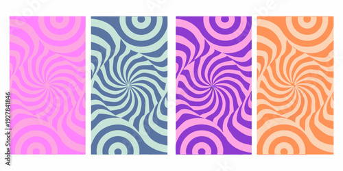 Four vibrant swirling optical illusion panels in different hues