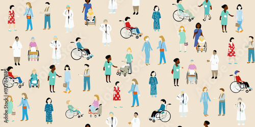 Diverse group of healthcare workers and patients in a repeating pattern