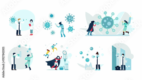 Scientists and people reacting to a virus outbreak with preventative measures