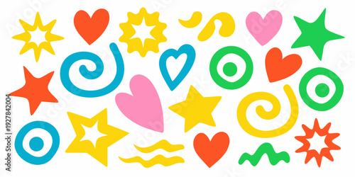 Colorful assortment of playful shapes and stars on a white background
