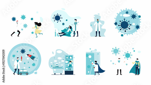 Illustrations depicting healthcare workers and virus related scenarios