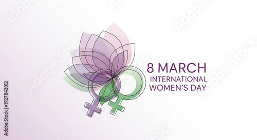 International women's day on march 8th feminist symbol and purple lotus flower illustration