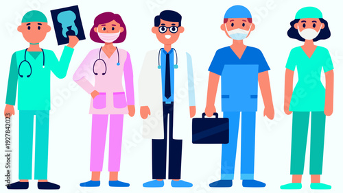 Diverse healthcare professionals stand together wearing masks and protective gear