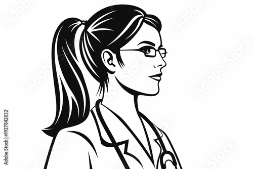 Elegant woman with glasses and ponytail a stylish black and white illustration