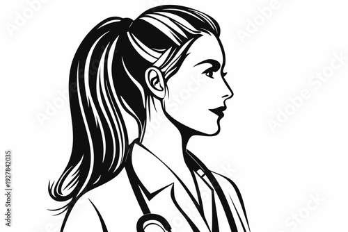 Stylish woman in profile with a high ponytail black and white illustration