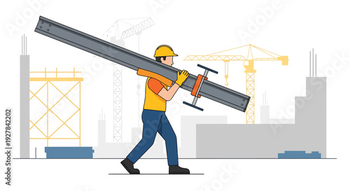 Worker carrying steel beam at construction site with cranes