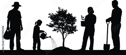 Silhouette of four people planting and caring for a tree