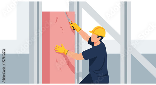 Worker Installing Insulation Material for Building Structure