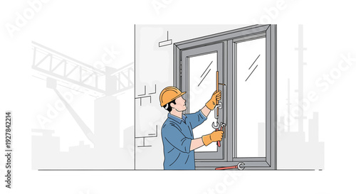 Worker Installing Window Frame with Tools, Home Renovation Concept