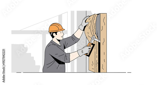 Worker installing insulation material in wall cavity for energy efficiency