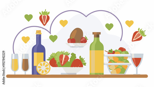 Romantic picnic spread with wine fruit and heart shaped decorations