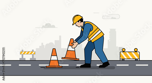 Worker placing traffic cones on road for safety and traffic control