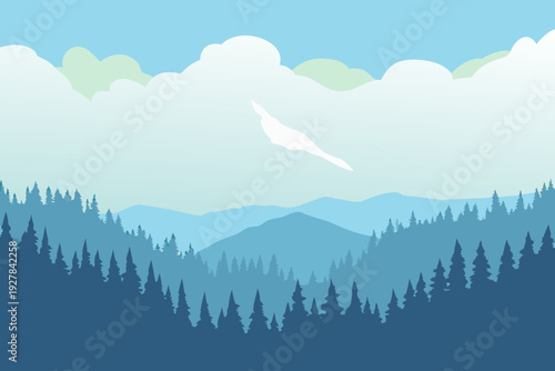 Serene landscape of mountains forests and clouds in shades of blue
