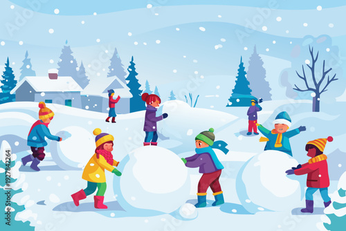 Children joyfully playing and building snowmen in a winter landscape
