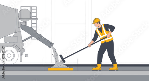 Worker pouring concrete from mixer truck with shovel on site